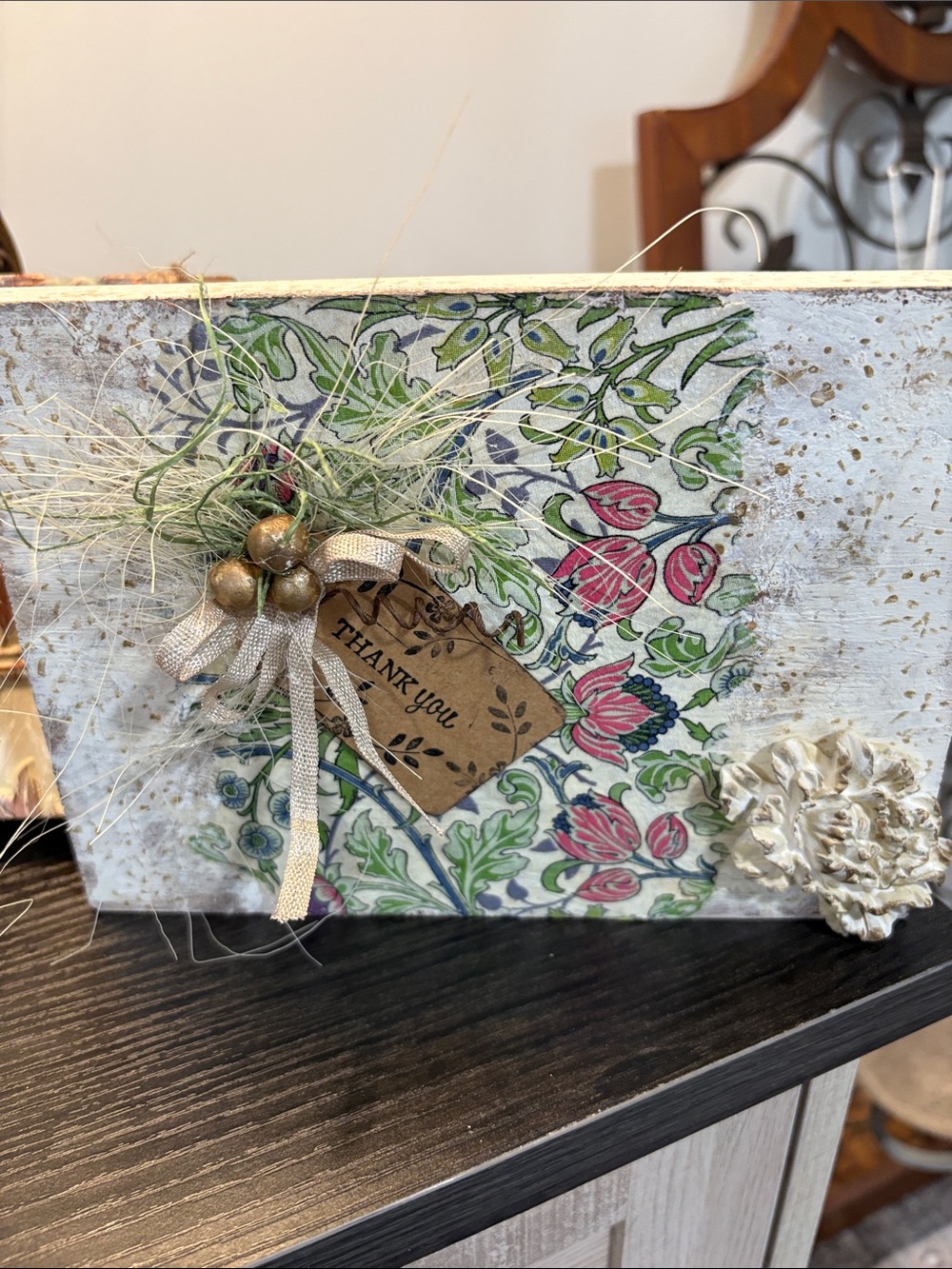 Handmade Floral Thank You Wood Art - Pink & Green